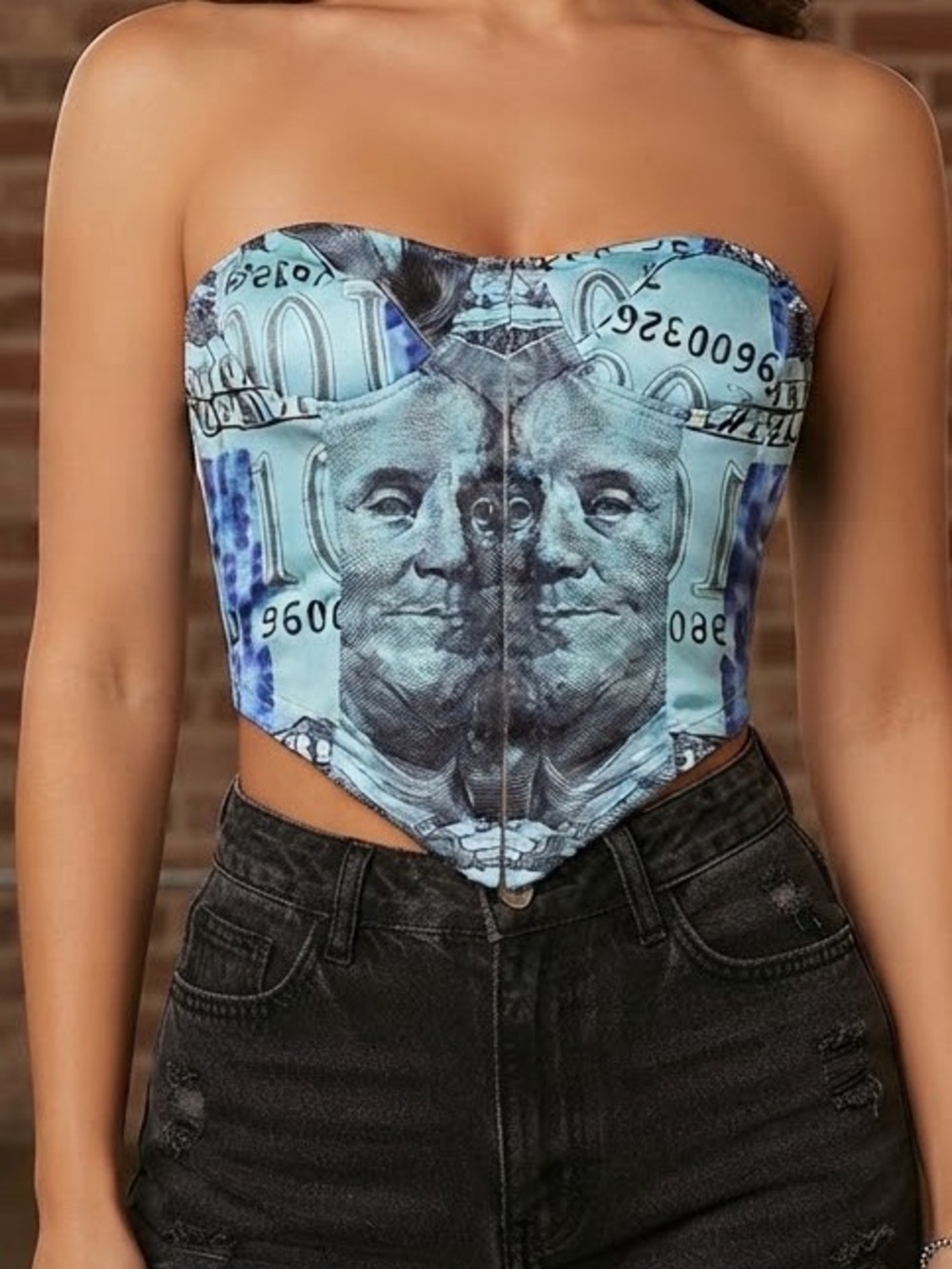 SHEIN Blue Money Print Strapless Pointed Hem Corset Top